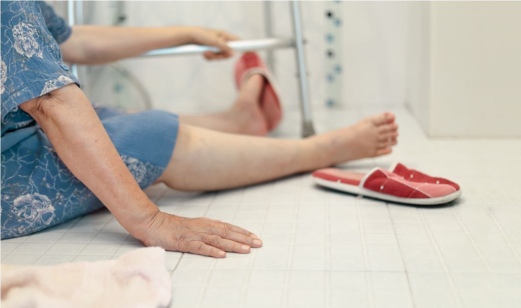 Elderly falling in bathroom because slippery surfaces.