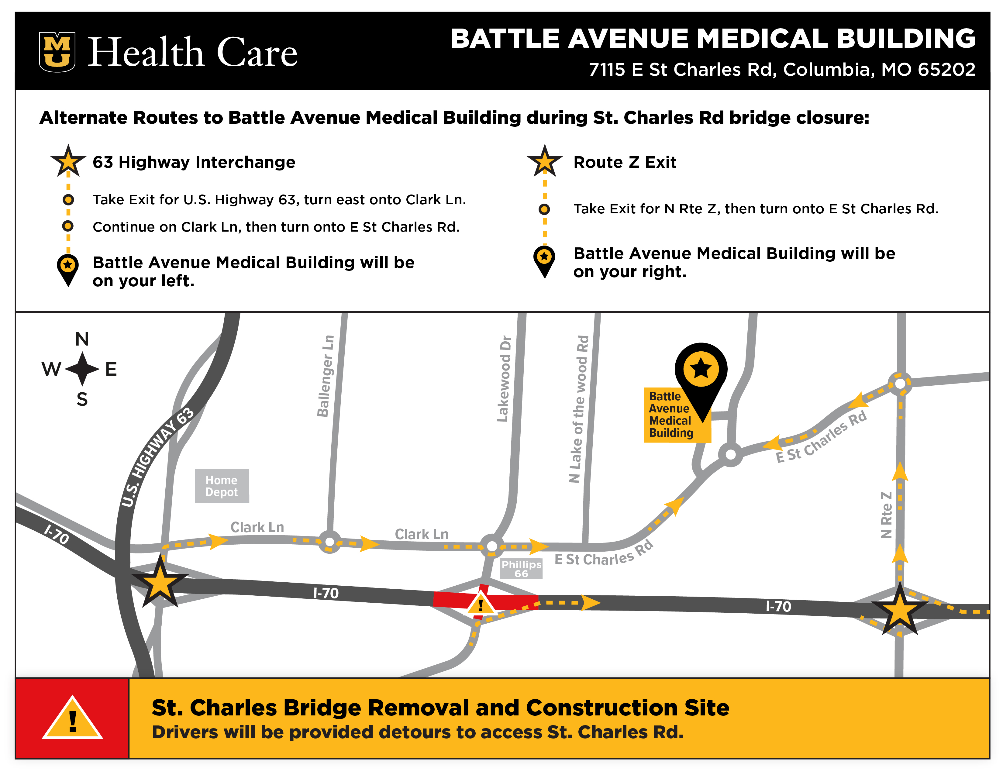 Detour map for Battle Avenue Medical Building. Click image to enlarge.
