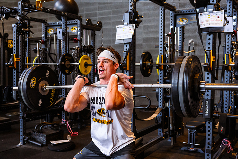 Senior wide receiver Logan Muckey works out on Monday, Sept. 22, 2025, in the Mizzou football weight room in Columbia. Muckey was treated for thyroid cancer at MU Health Care’s Ellis Fischel Cancer Center.