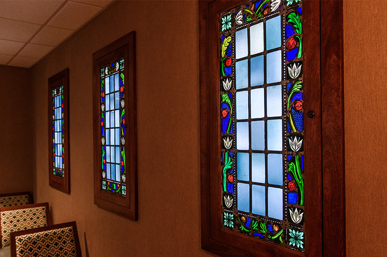 Photo of chapel and stained glass windows.