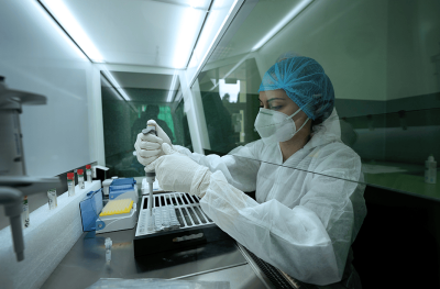 Photo of scientist working in laboratory with pipette and reagent for coronavirus testing behind fume hood