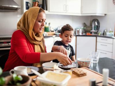 mother and son in the kitchen