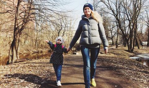 Mom, Daughter Walking in Winter