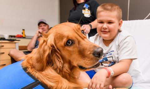 Link, the facility dog for Children’s Hospital, visits 9-year-old Kale West