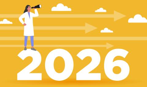 Graphic of a physician looking in a telescope, standing on the year 2026.
