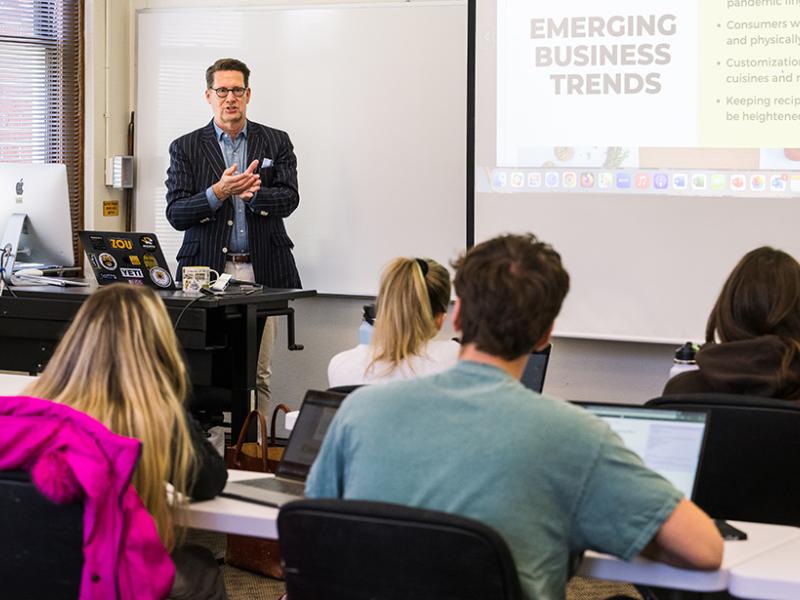 MU School of Journalism Associate Professor Jim Flink teaches in Neff Hall on Monday, April 24, 2023 in Columbia, Mo. Flink suffered a stroke in 2019 and has fully recovered.