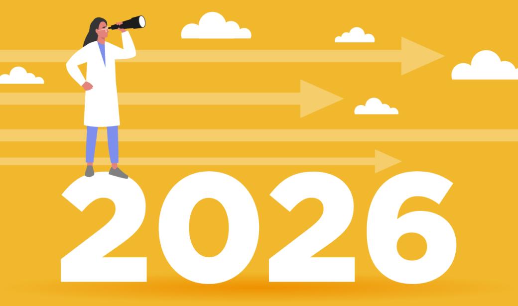 Graphic of a physician looking in a telescope, standing on the year 2026.